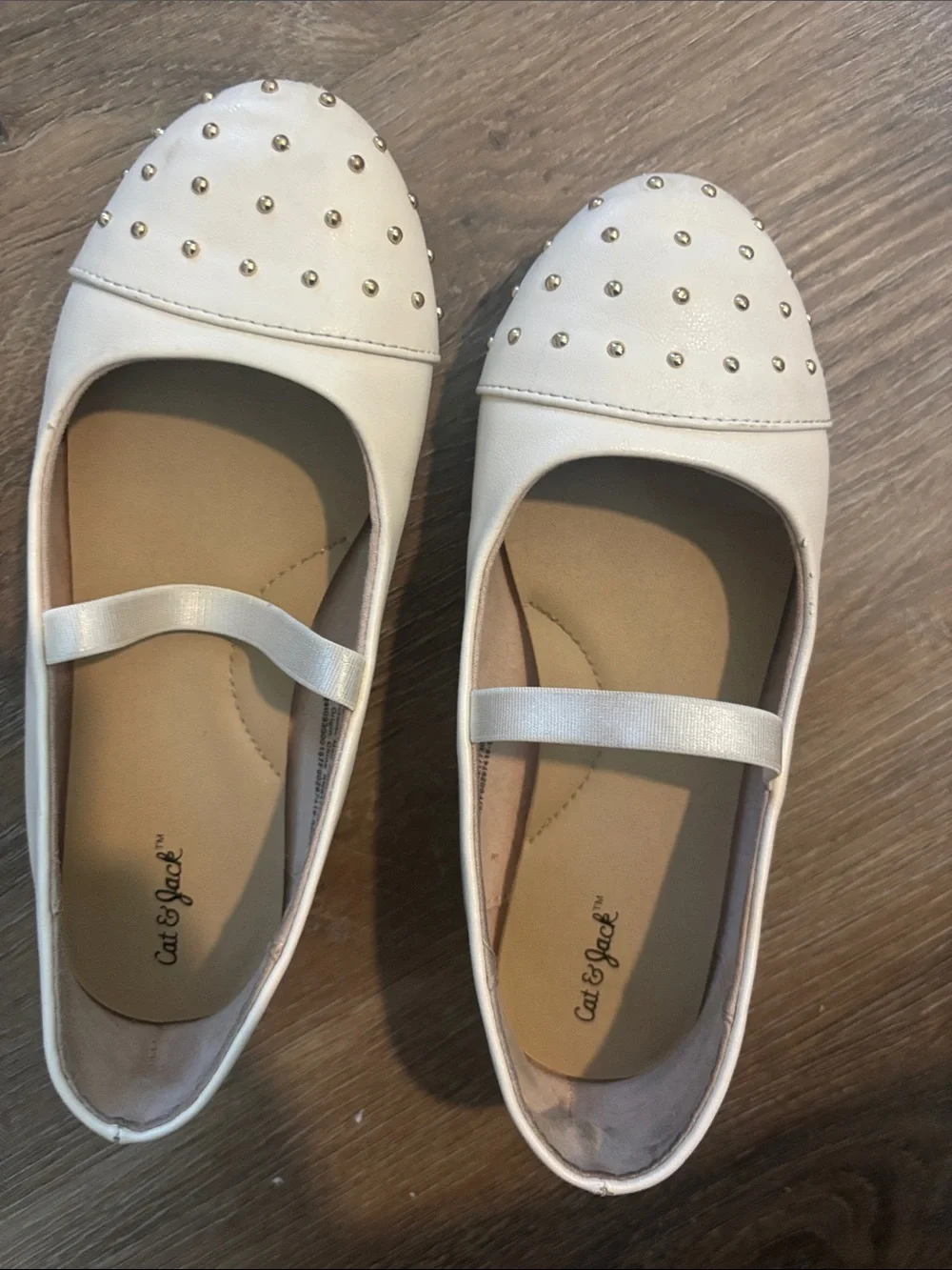 Cat & Jack Cream Ballet Flats with Gold Studs and Elastic Strap